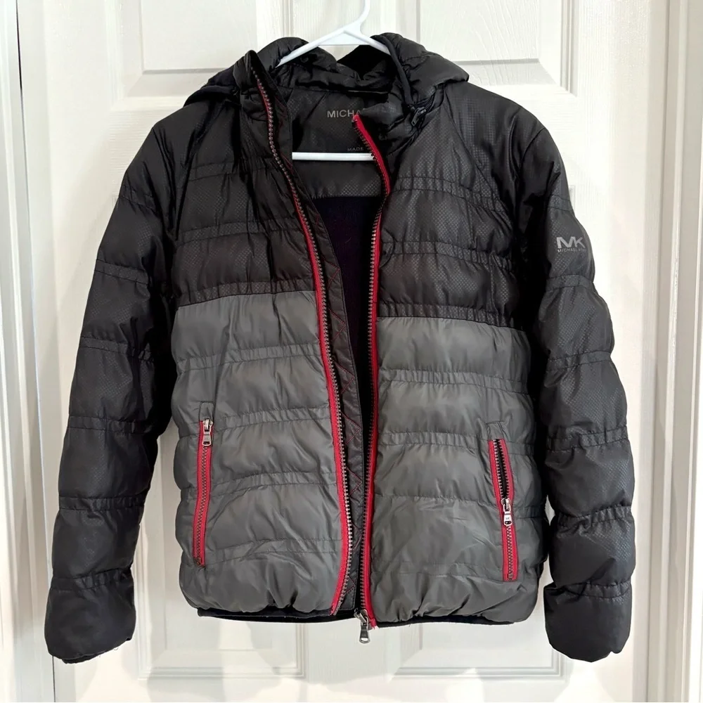 Michael Kors Puffer Zip Up Hood Gray Black Winter Jacket Coat Boys 14/16 Pocket